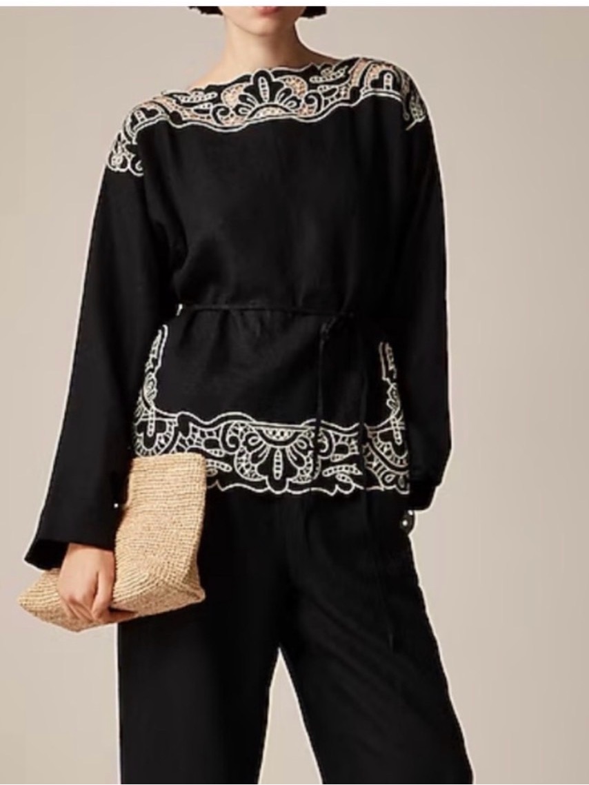 J Crew Black Beige Cutwork Tunic Top In Linen Womens Embroidered Boho Xxs
